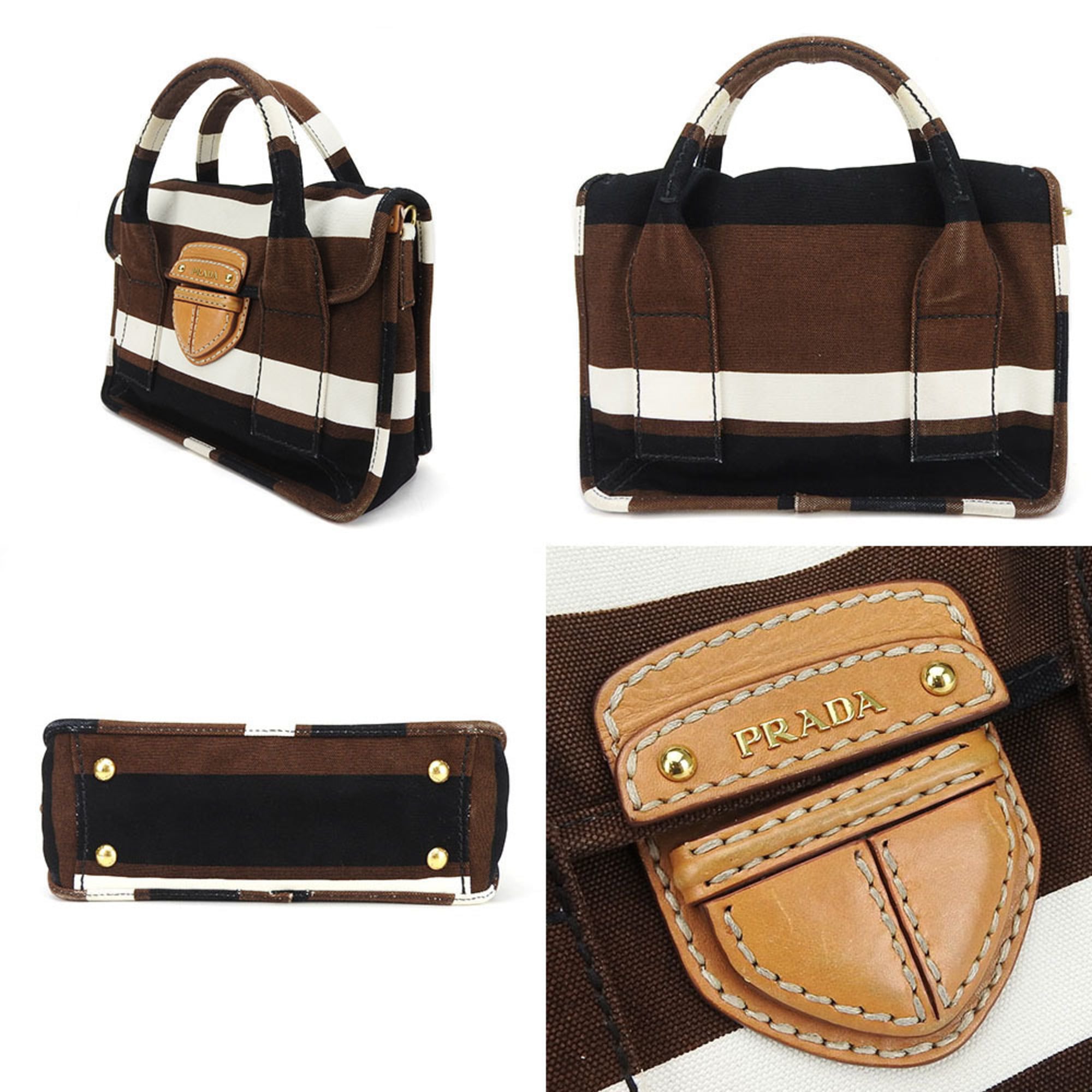 Prada Black Brown White Canvas Handbag