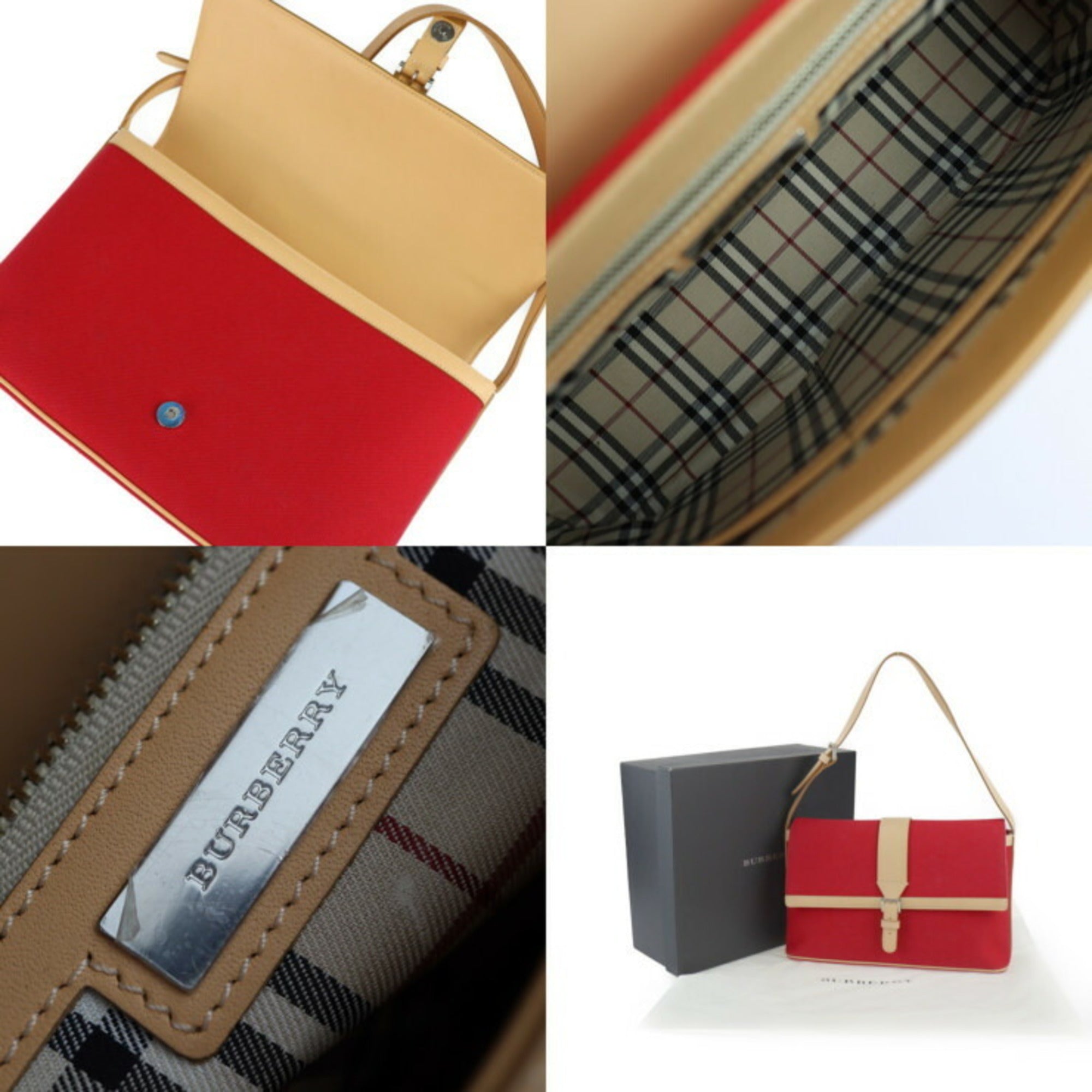 Burberry Beige Red Color Canvas Leather Handbag Shoulder Bag Tote Bag
