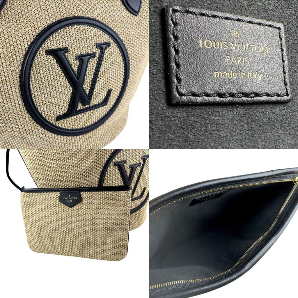 Louis Vuitton Beige Black Raffia Leather Shoulder Bag Tote Bag