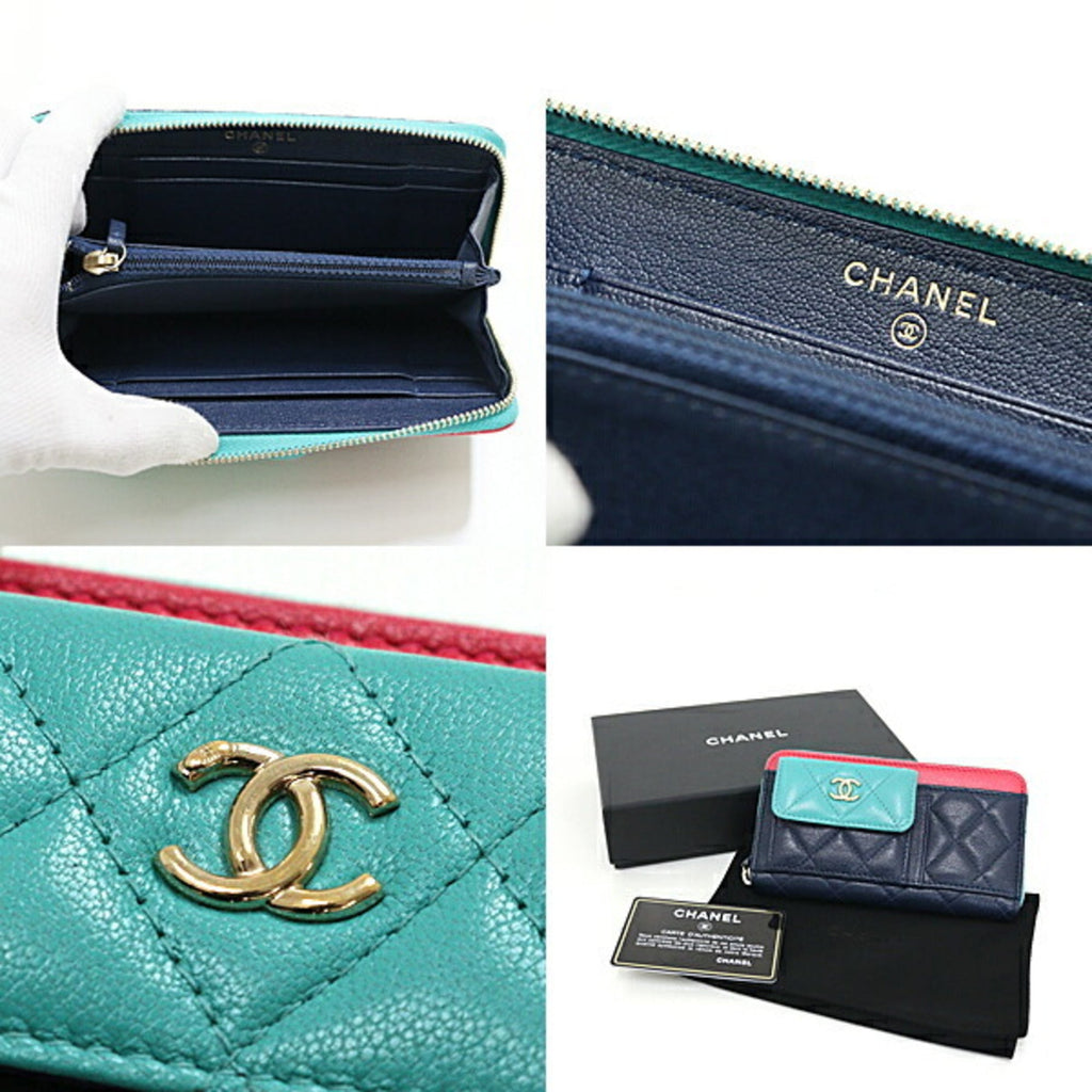 Chanel Green Navy Pink Leather Wallet (Bi-Fold)