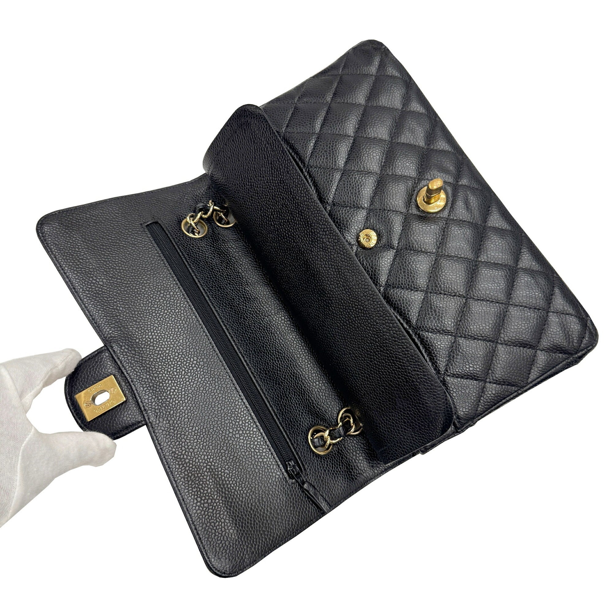 Chanel Gold Black Grained Calfskin Leather Chain/Shoulder Wallet