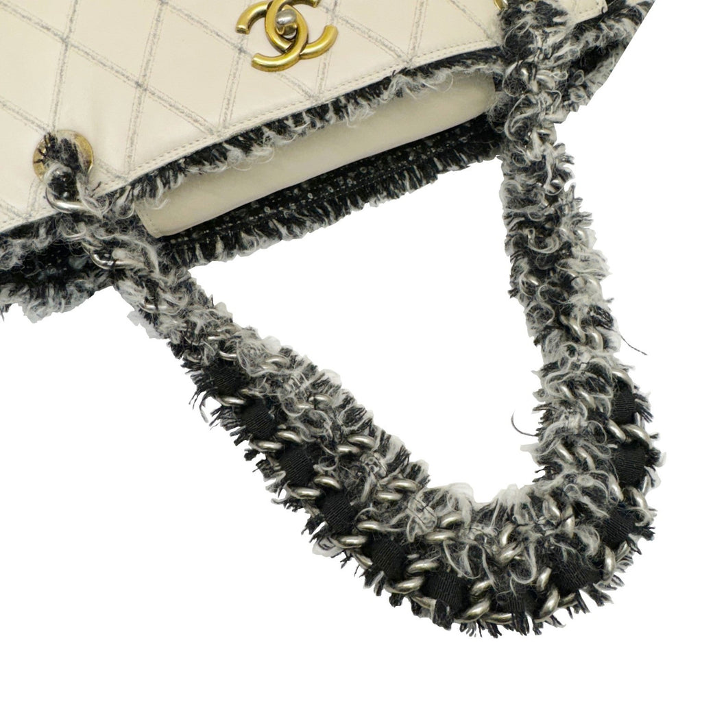 Chanel Beige Black Tweed Leather Tote Bag