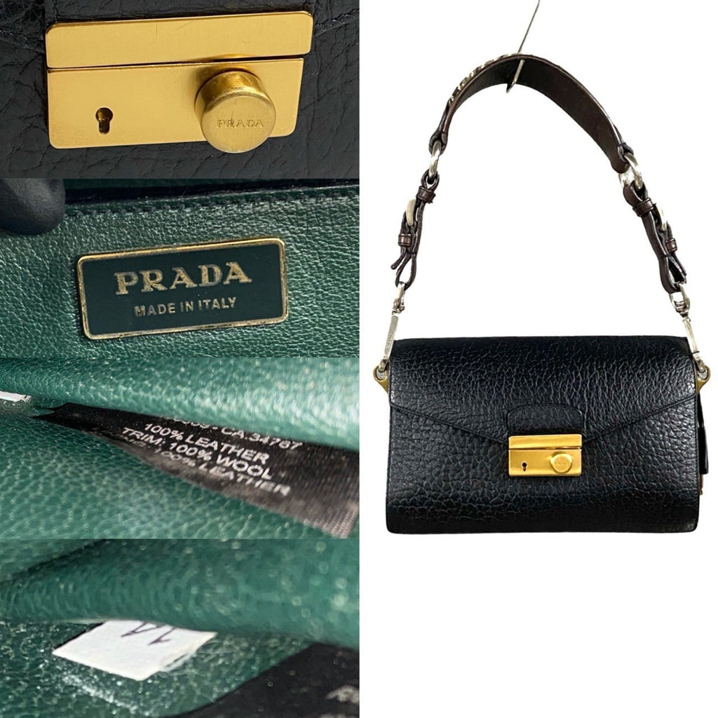 Prada Black Brown Tweed Leather Handbag Shoulder Bag