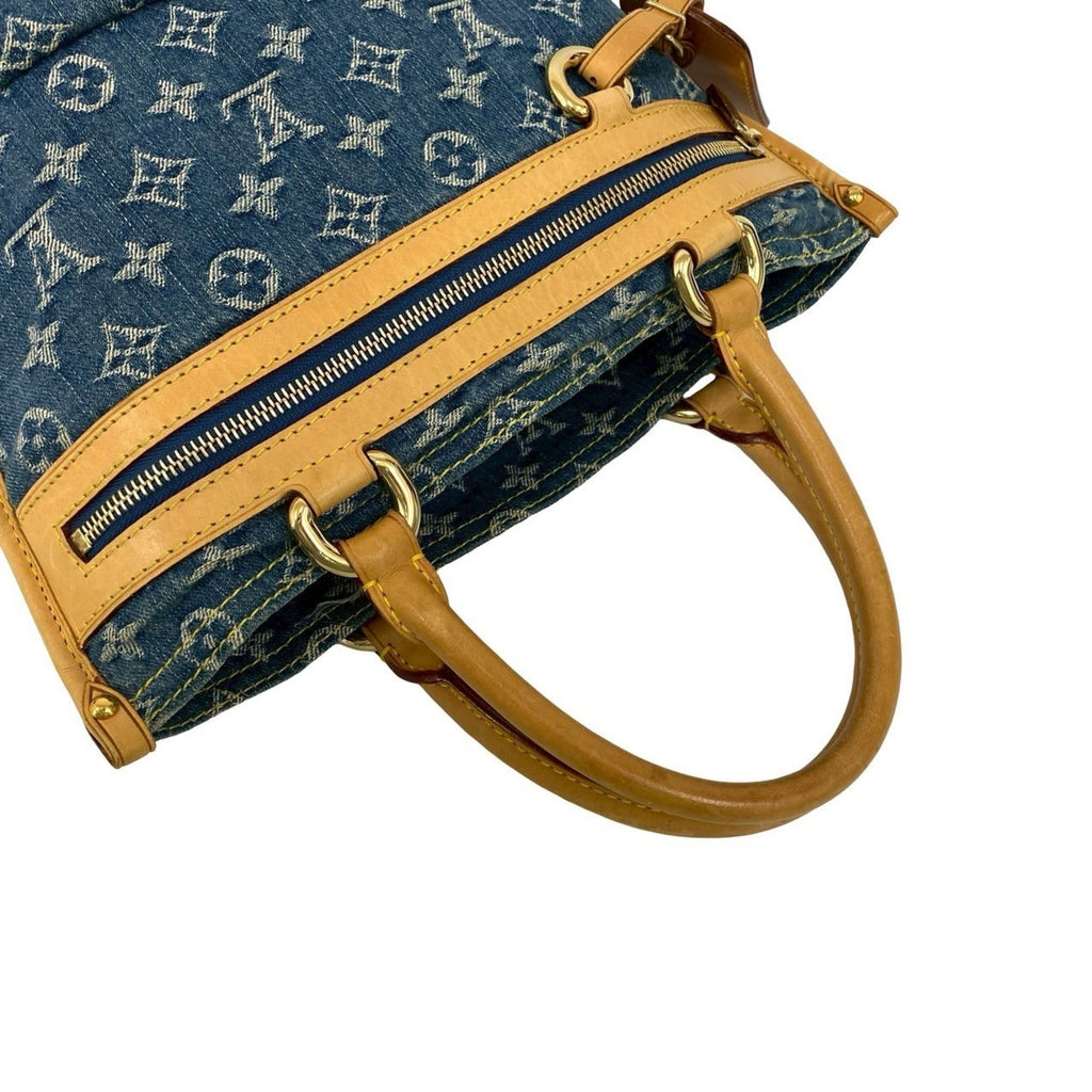 Louis Vuitton Beige Blue Denim Leather Handbag Tote Bag