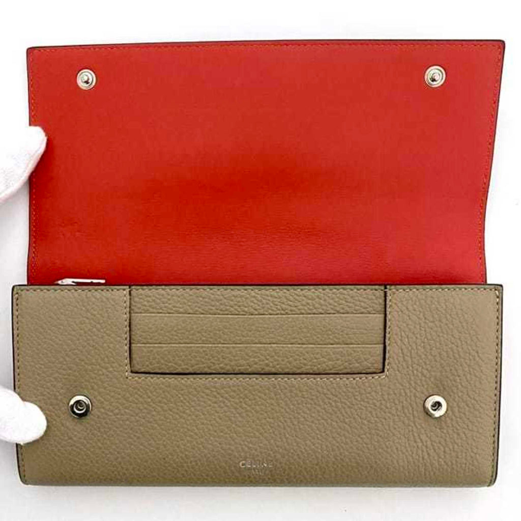 Celine Beige Red Color Leather Long Wallet (Bi-Fold)