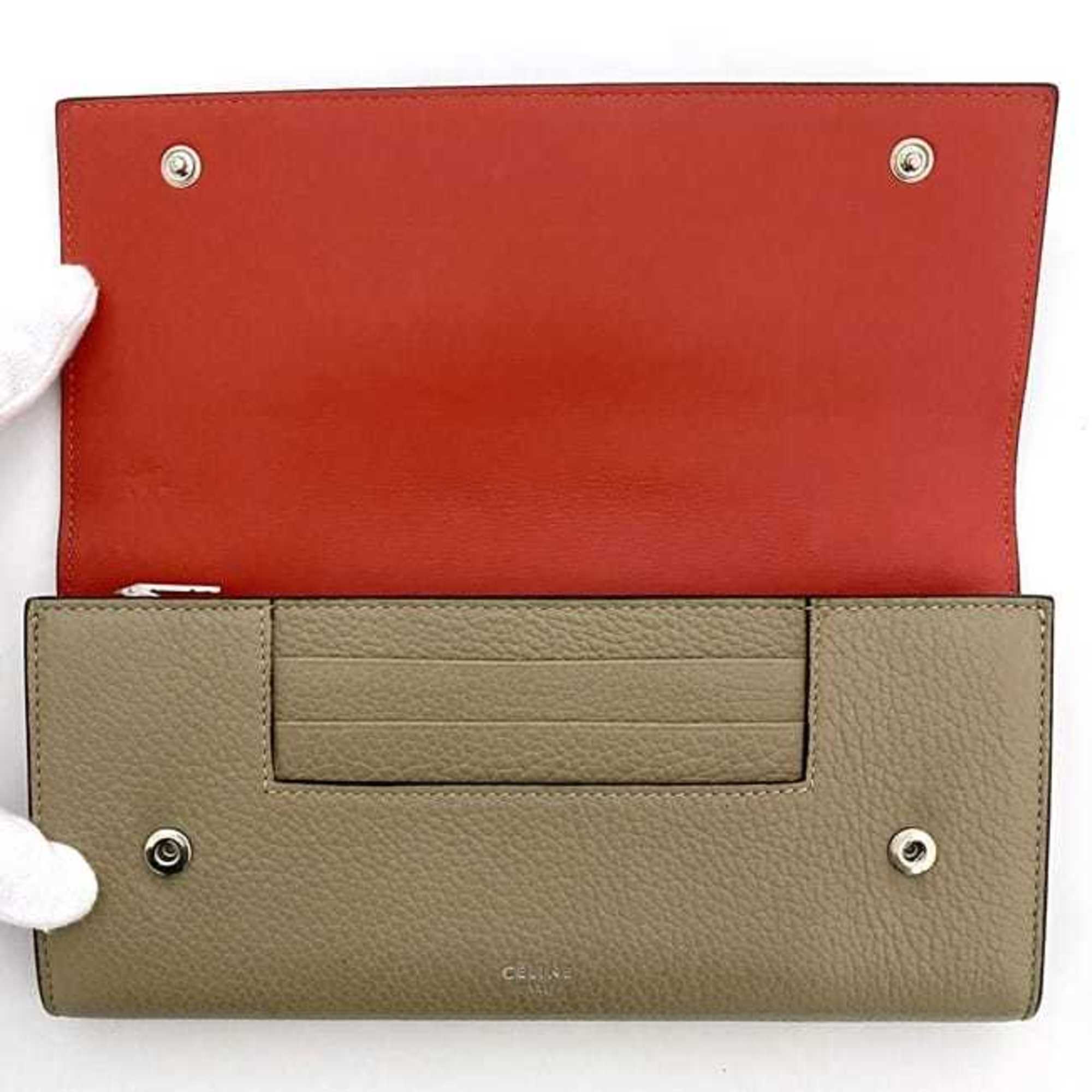 Celine Beige Red Color Leather Long Wallet (Bi-Fold)