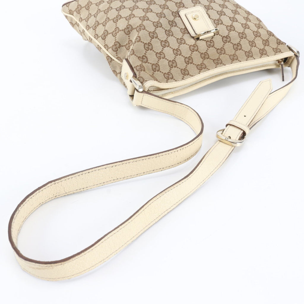 Gucci Beige White Leather Canvas Handbag Shoulder Bag Tote Bag (Pre-Owned)