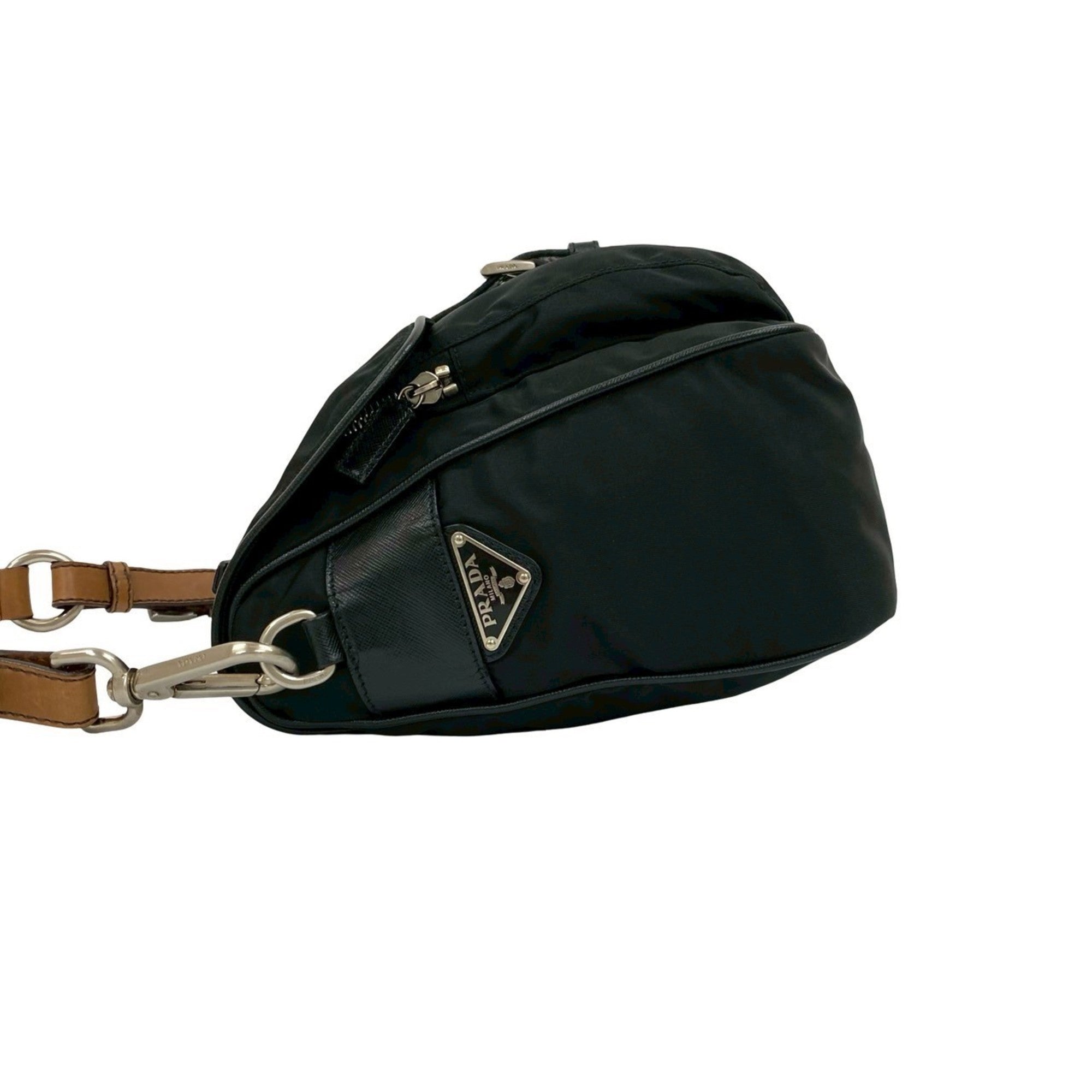 Prada Black Brown Leather Nylon Handbag Shoulder Bag