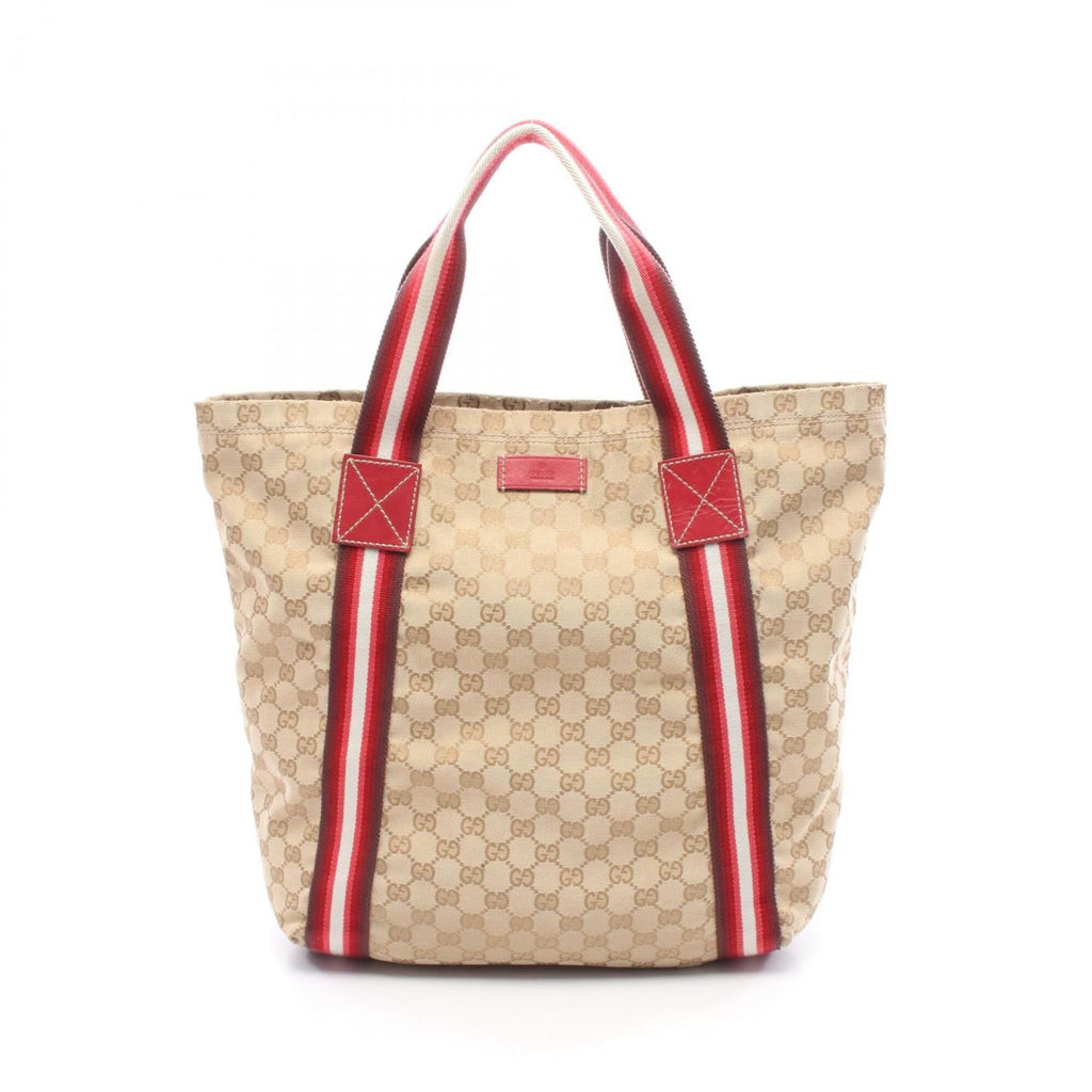 Gucci Beige Multi-Color Red Color Canvas Leather Handbag Tote Bag (Pre-Owned)