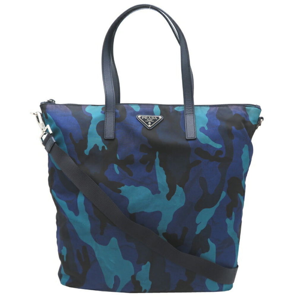 Prada Blue Nylon Leather Tote Bag