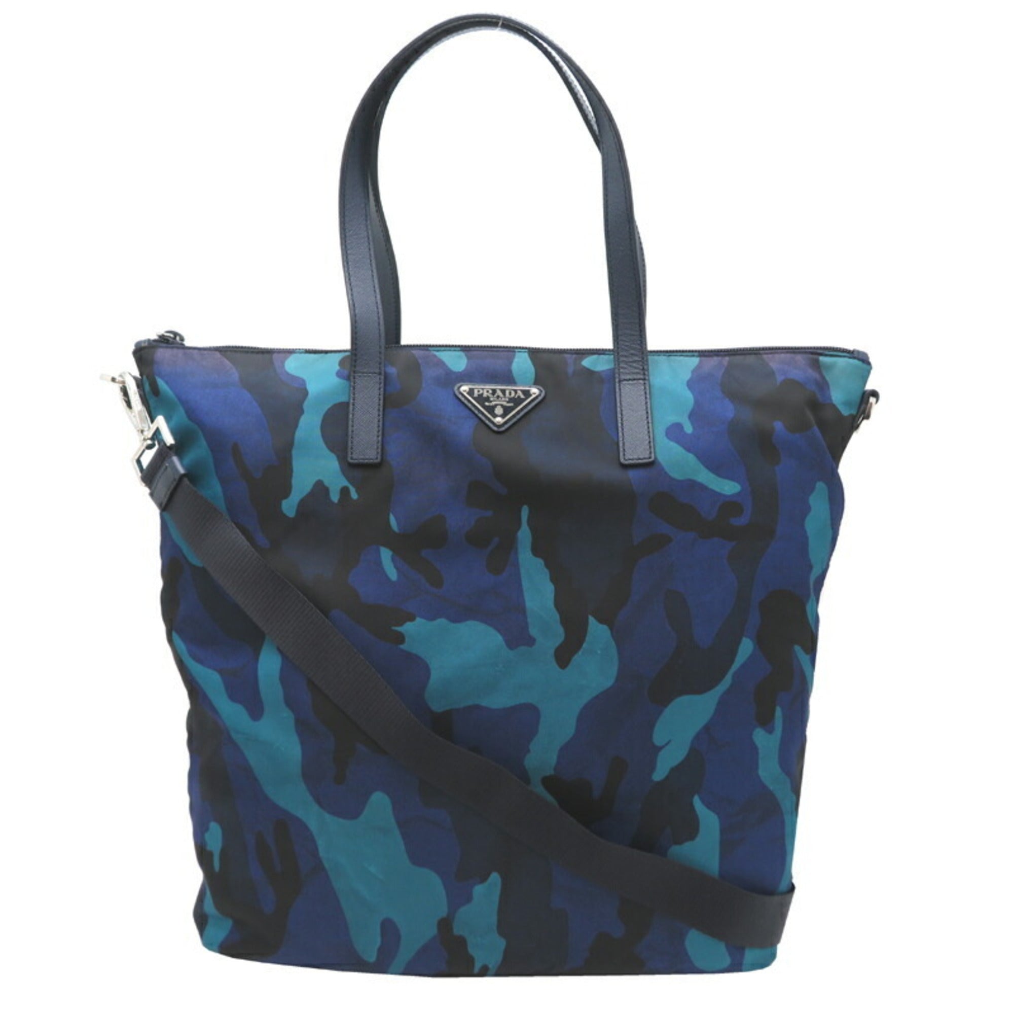 Prada Blue Nylon Leather Tote Bag