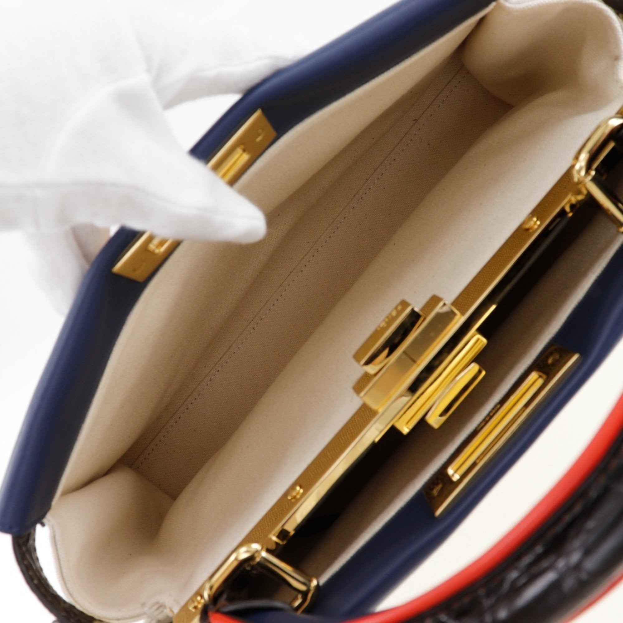 Fendi Navy White Canvas Leather Handbag