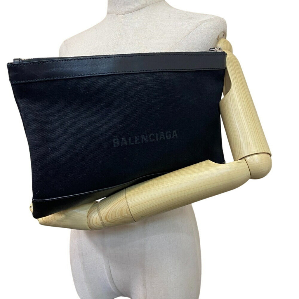 Balenciaga Black Leather Canvas Clutch