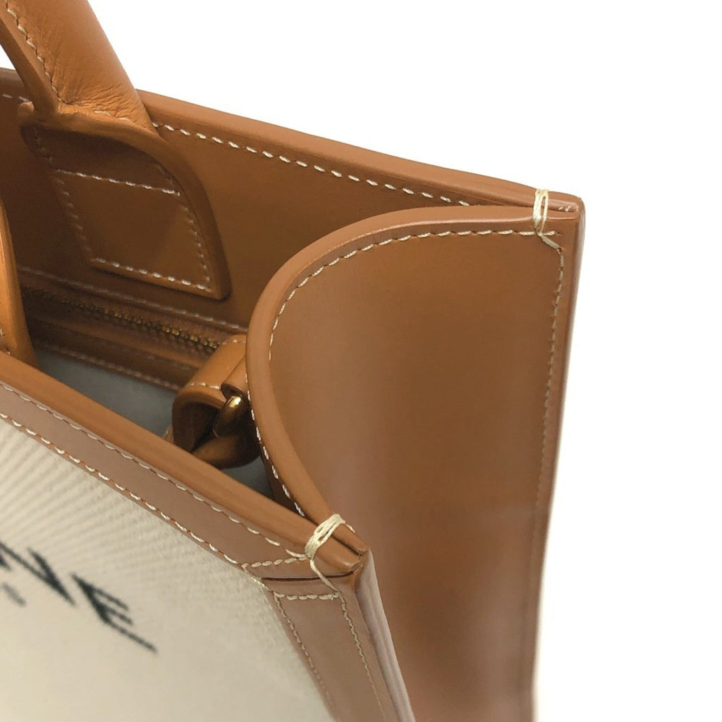 Celine Cabas Beige Brown Leather Canvas Handbag Shoulder Bag Tote Bag