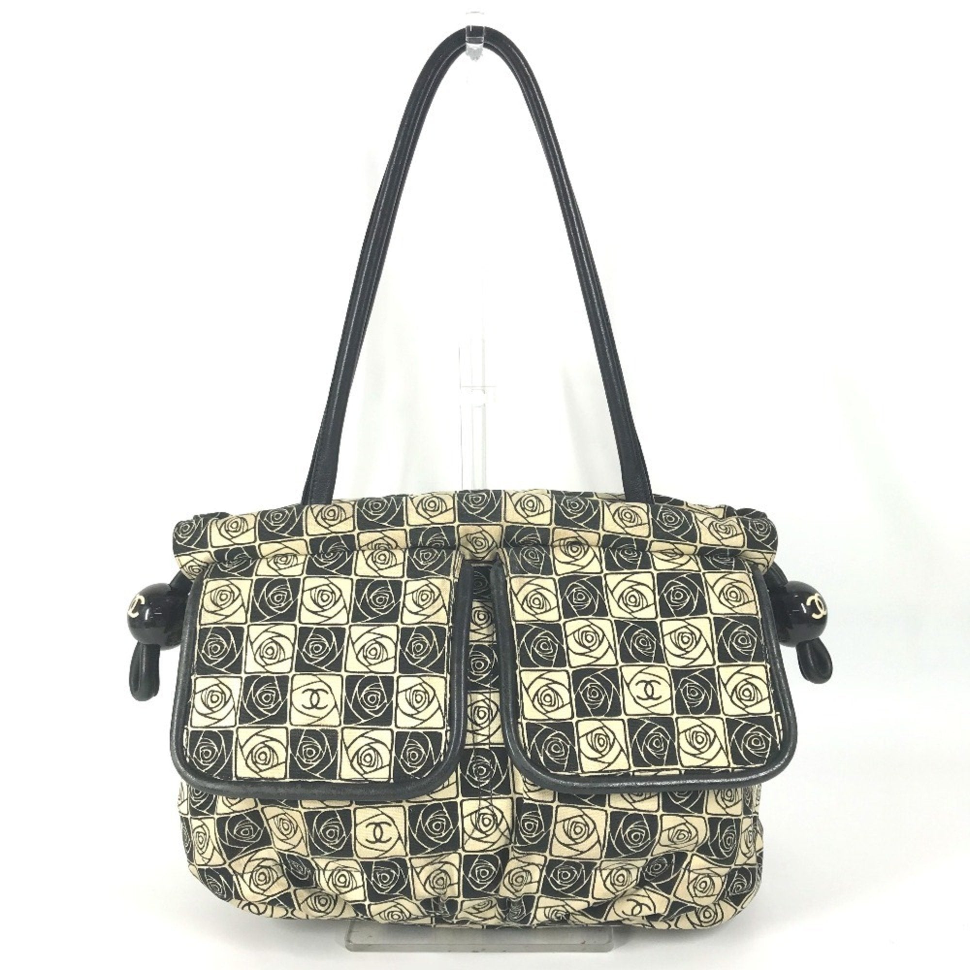 Chanel Camellia Black White Canvas Shoulder Bag Tote Bag