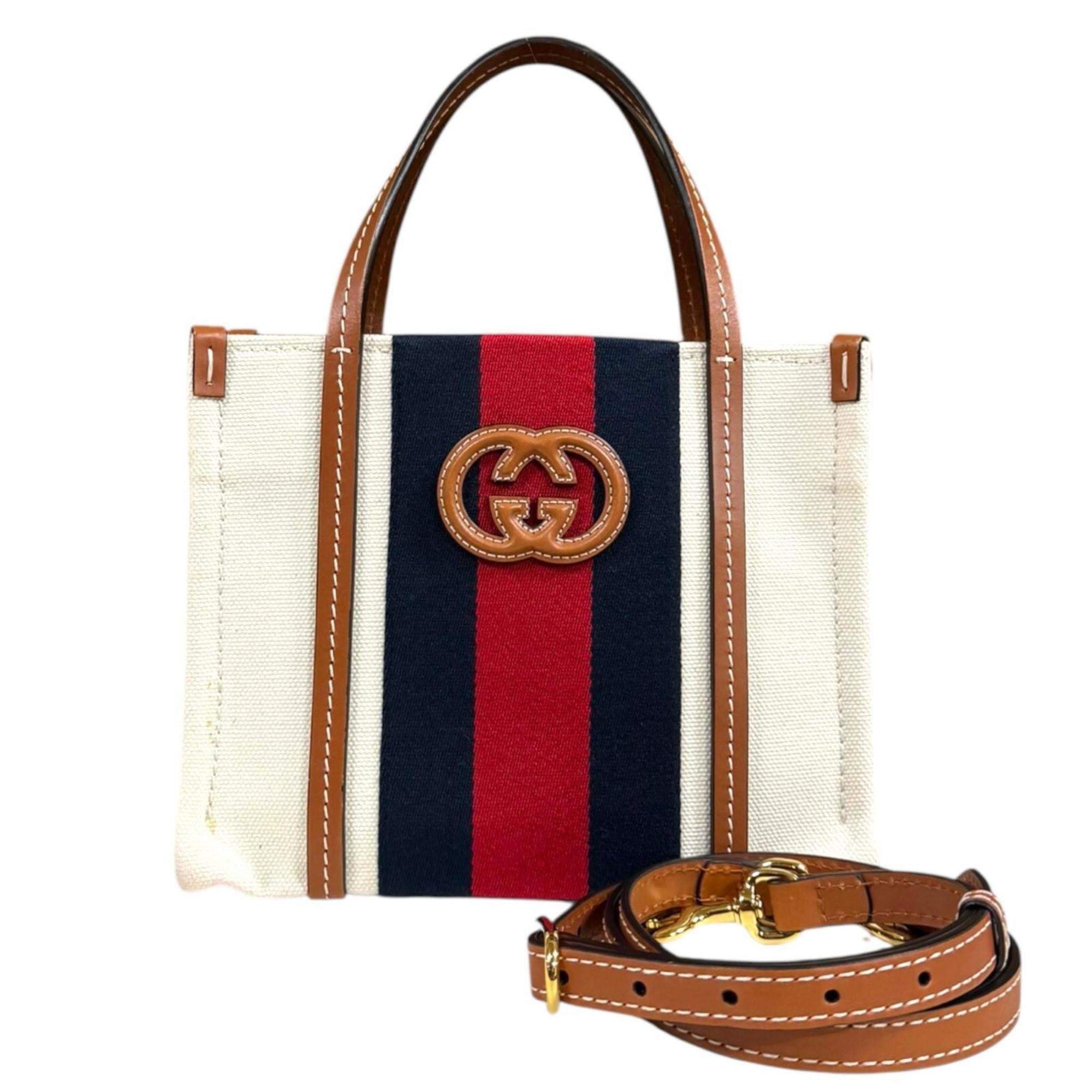 Gucci Navy Red Color White Canvas Shoulder Bag (Pre-Owned)