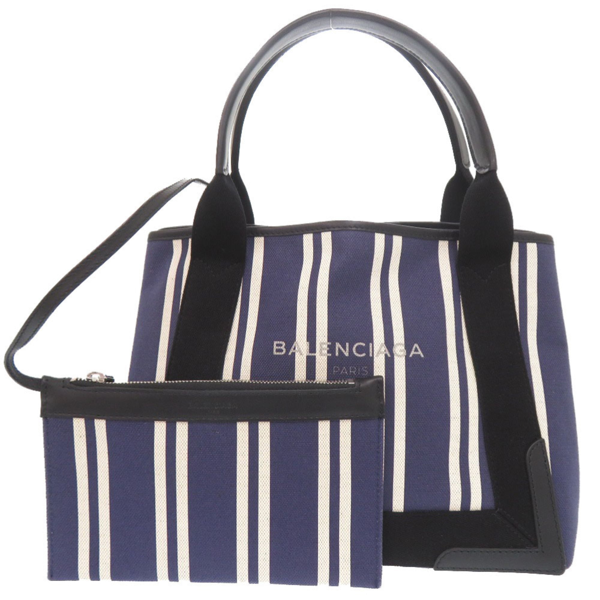 Balenciaga Black Navy White Canvas Leather Handbag Tote
