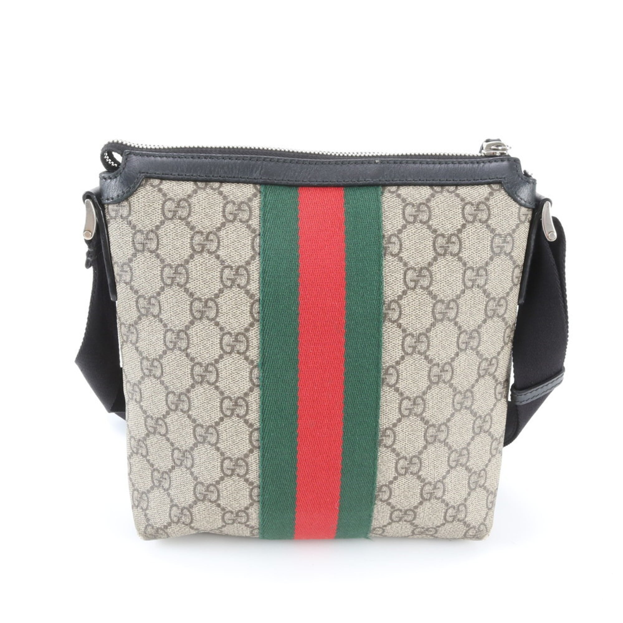 Gucci Beige Black Leather Coated Canvas Messenger Bag Shoulder Bag (Pre-Owned)