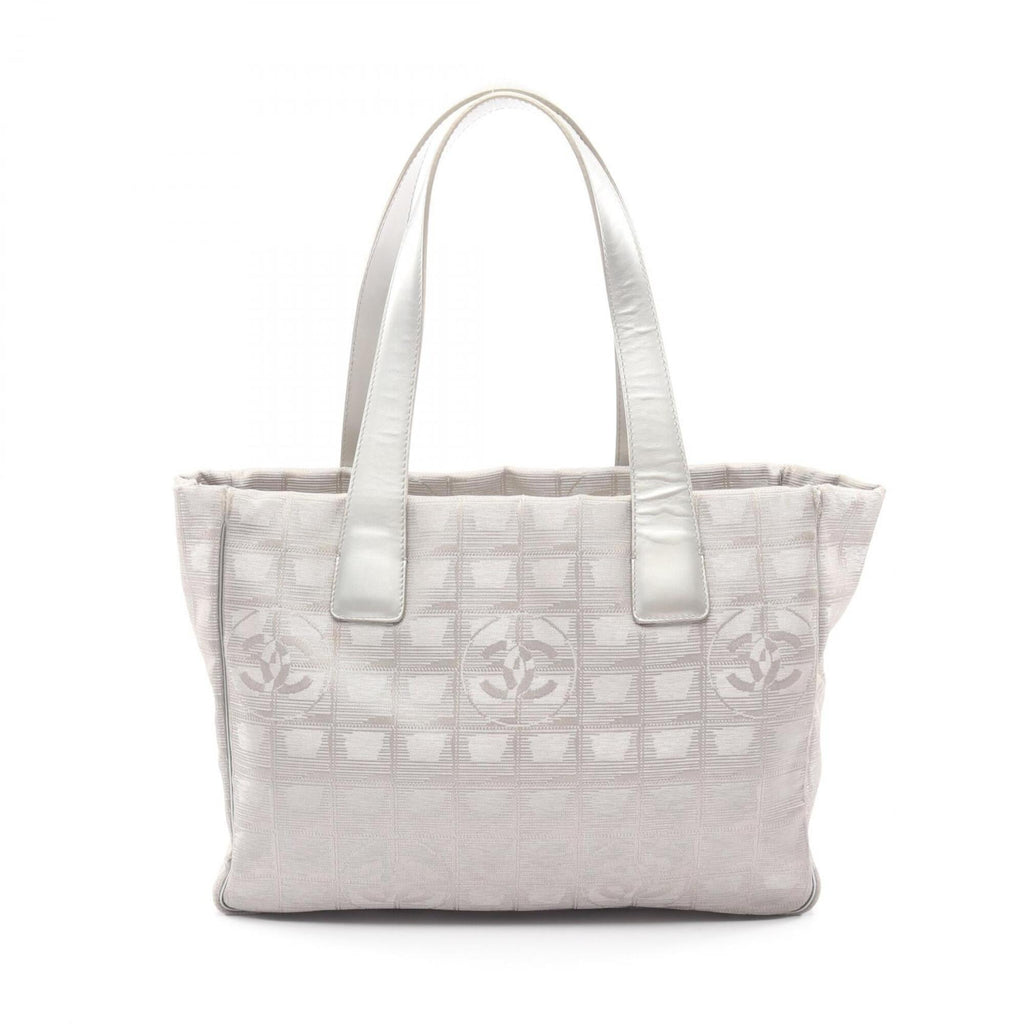 Chanel Gray Silver Leather Nylon Canvas Handbag Tote Bag