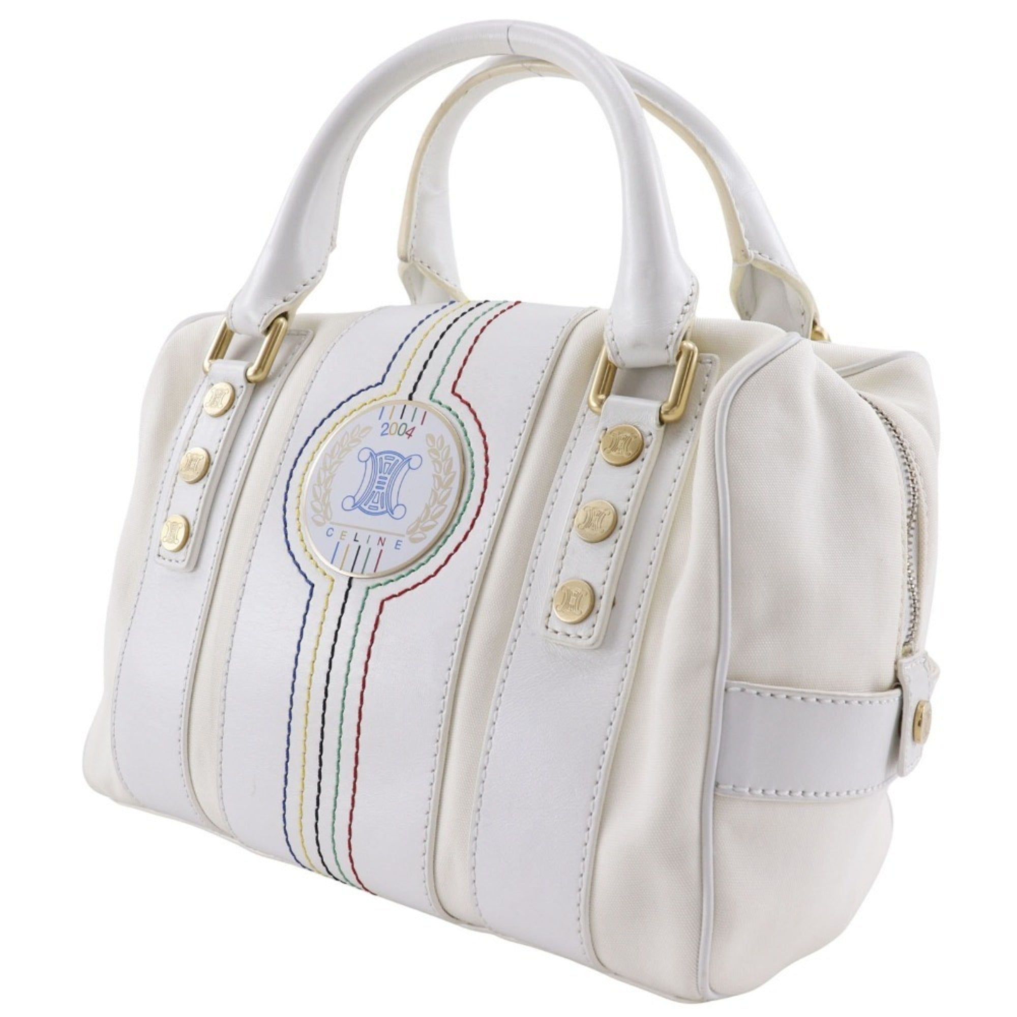 Celine White Nylon Canvas Leather Boston Bag Handbag