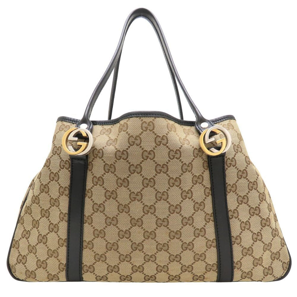 Gucci Beige Black Gg Canvas Leather Tote Bag (Pre-Owned)