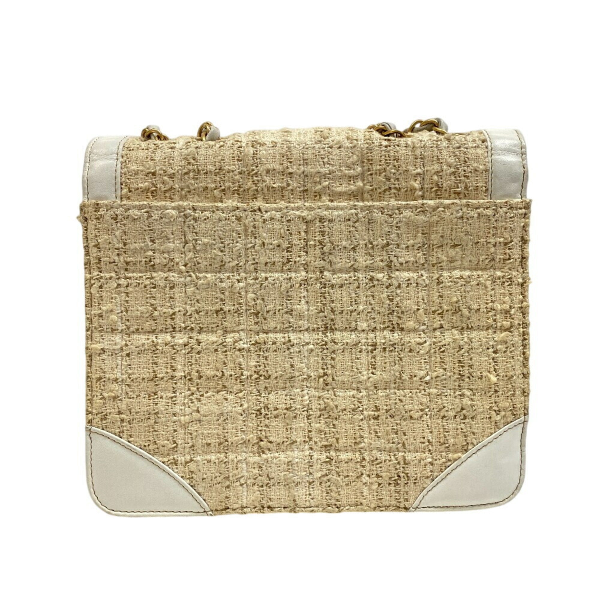 Chanel Beige White Tweed Leather Shoulder Bag