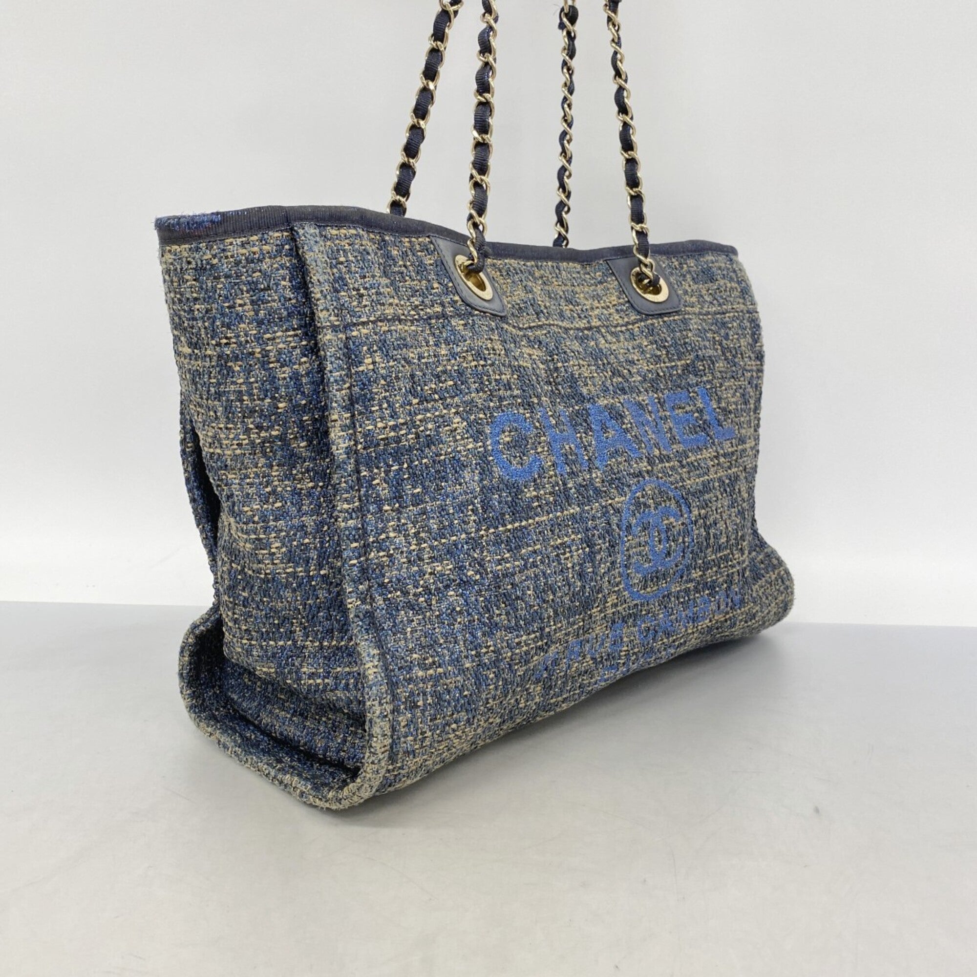 Chanel Beige Navy Tweed Tote Bag