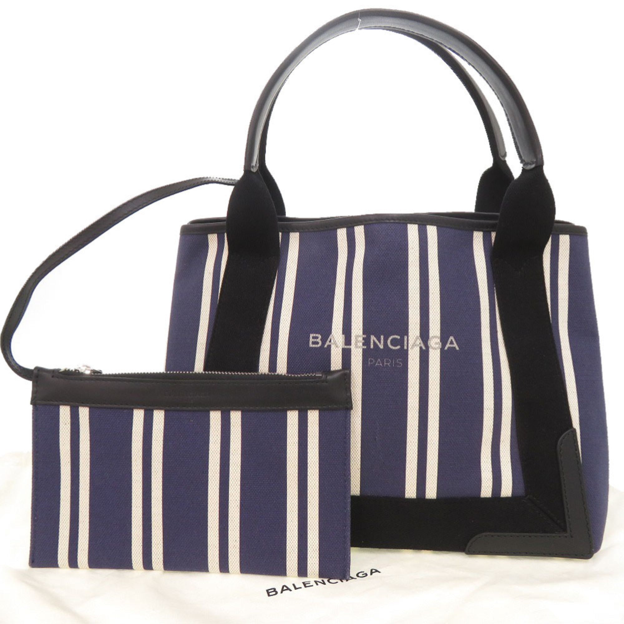 Balenciaga Black Navy White Canvas Leather Handbag Tote