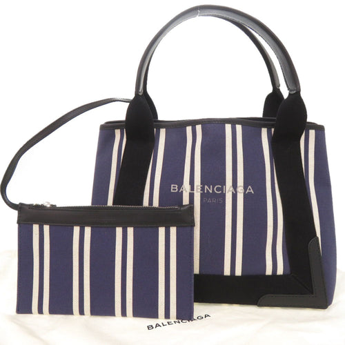 Balenciaga Black Navy White Canvas Leather Handbag Tote