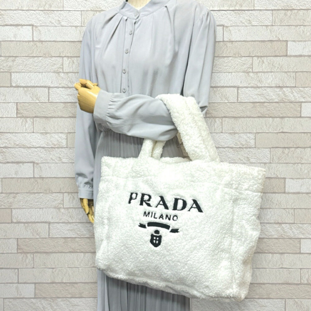Prada White Pile Fabric Tote Bag