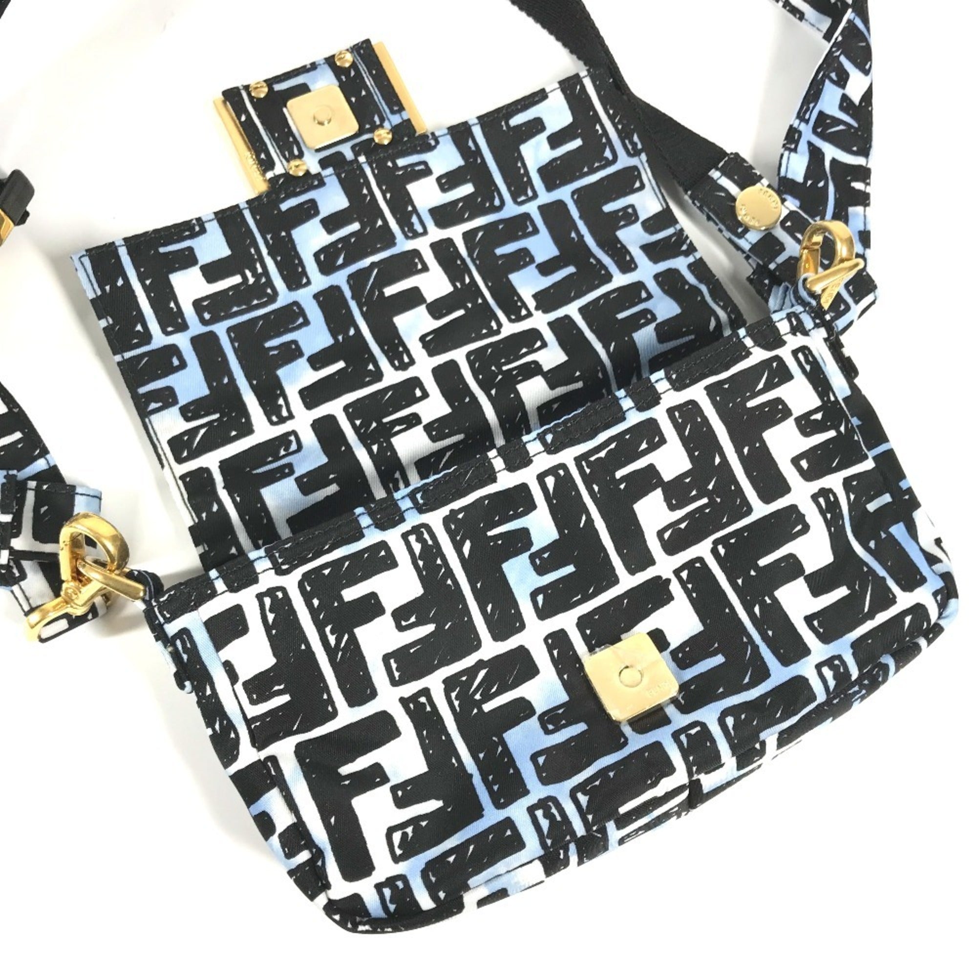 Fendi Black Blue Nylon Baguette Bag Pochette Shoulder Bag