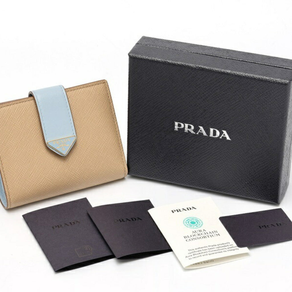 Prada Beige Light Blue Saffiano Wallet (Bi-Fold)