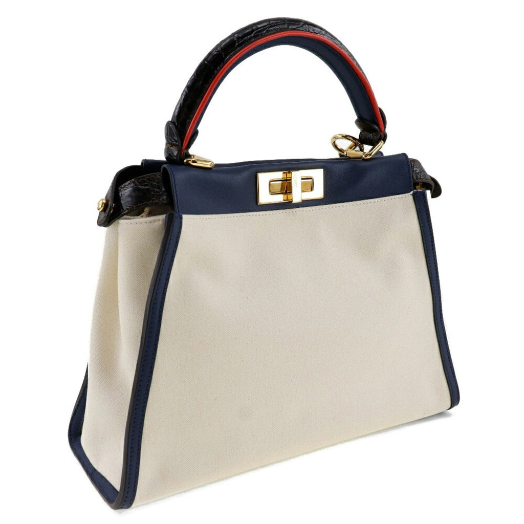 Fendi Navy White Canvas Leather Handbag