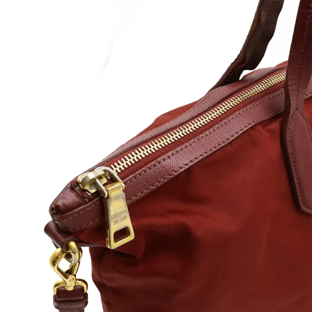 Prada Red Color Wine Nylon Leather Shoulder Bag Tote Bag