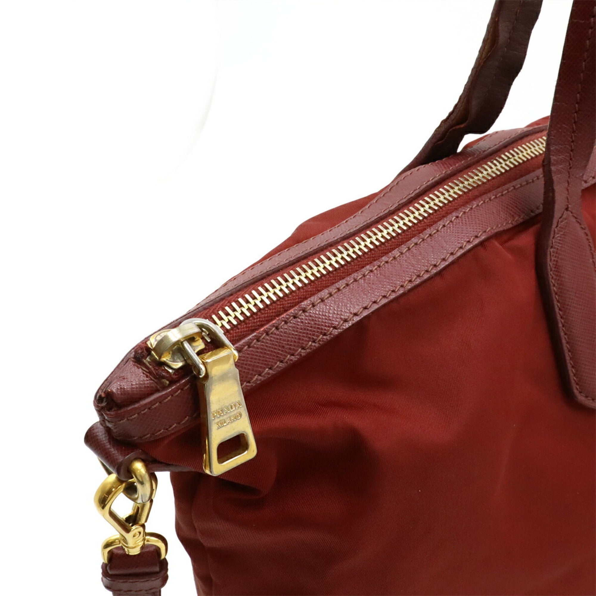 Prada Red Color Wine Nylon Leather Shoulder Bag Tote Bag
