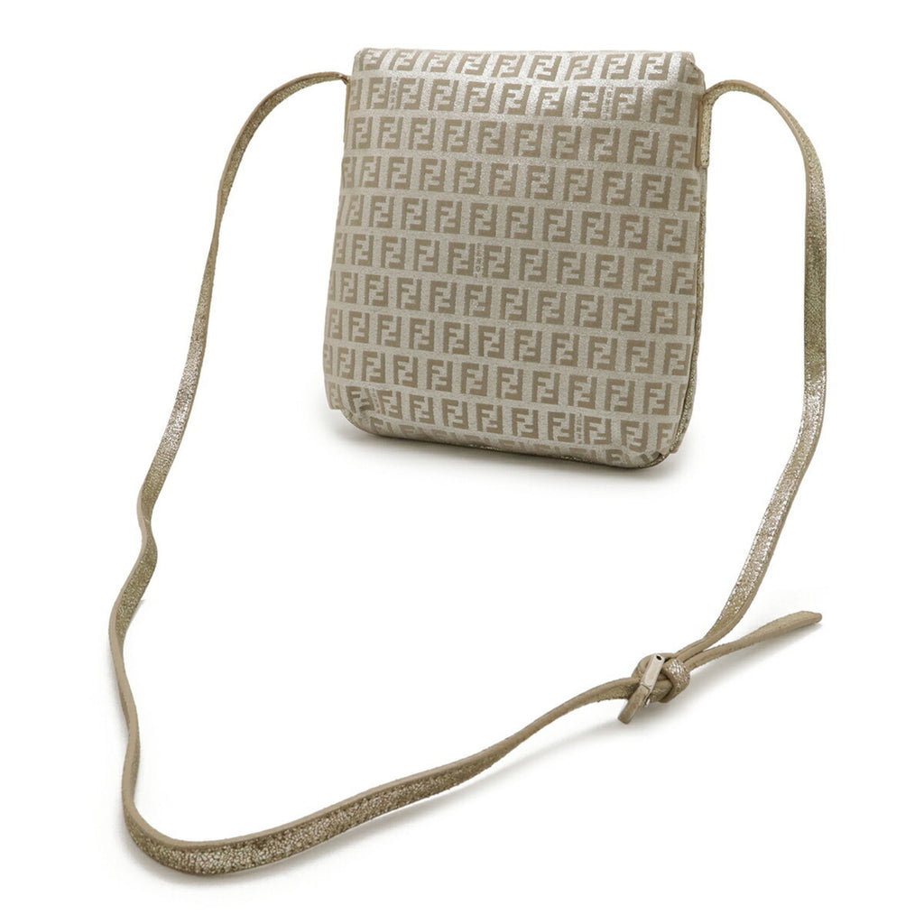 Fendi Zucchino Beige Dark Brown Khaki Canvas Leather Shoulder Bag