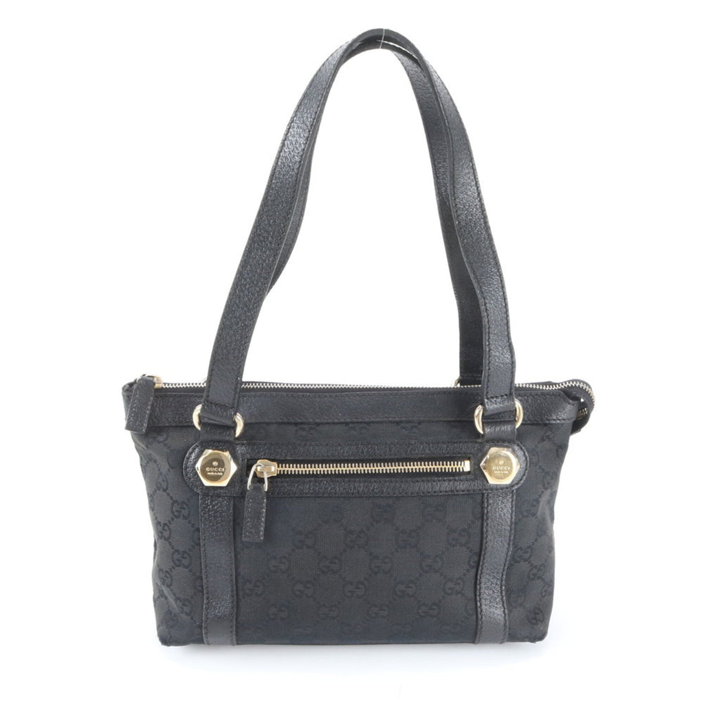 Gucci Black Leather Canvas Handbag Tote Bag (Pre-Owned)