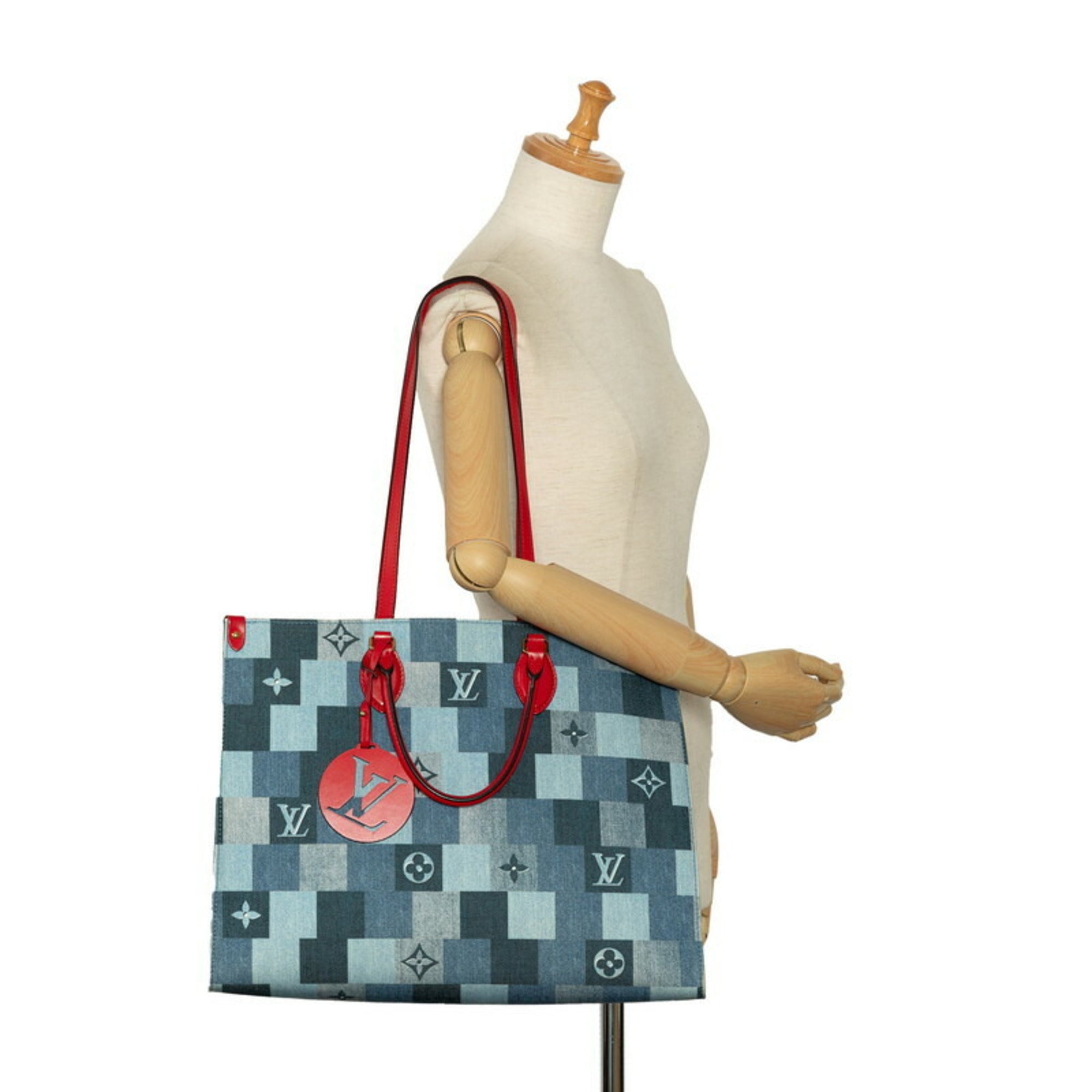 Louis Vuitton Blue Red Color Denim Leather Shoulder Bag Tote Bag