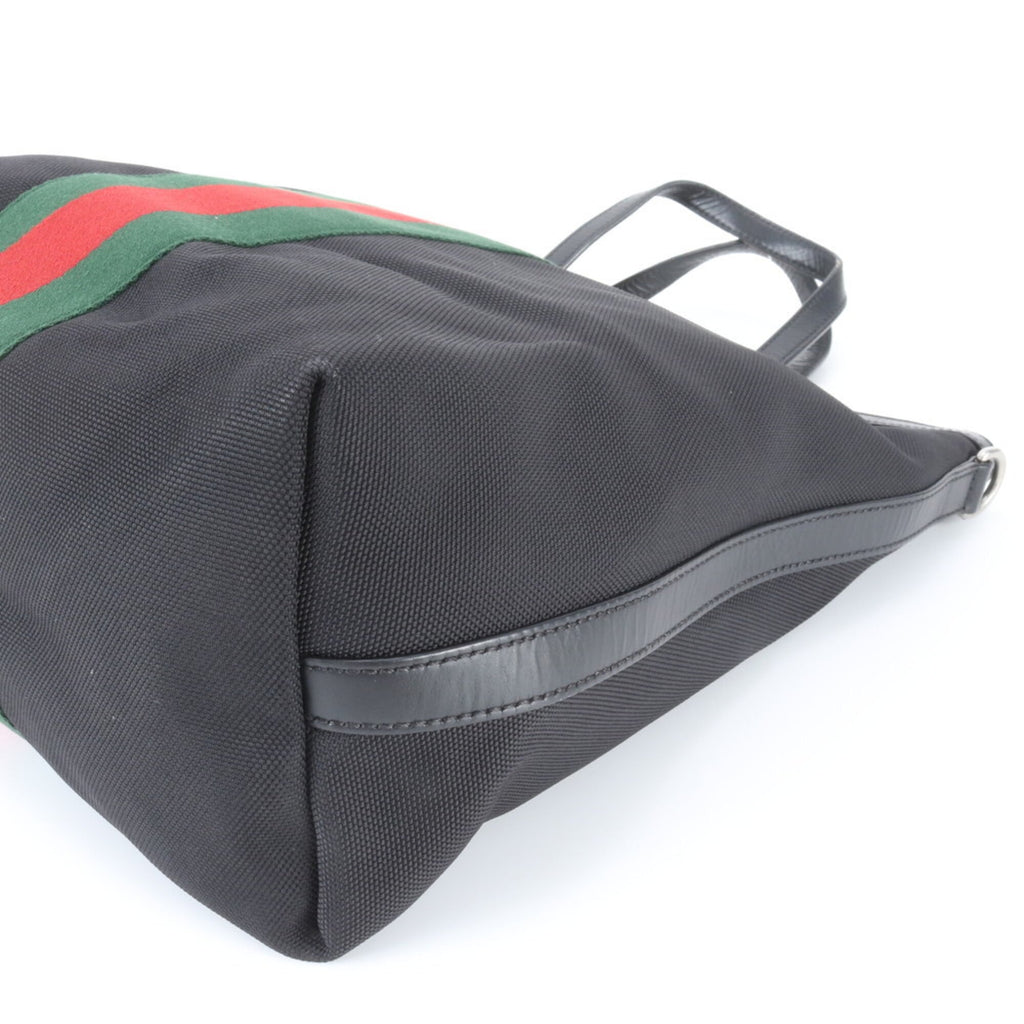 Gucci Sherry Line Black Leather Canvas Handbag (Pre-Owned)