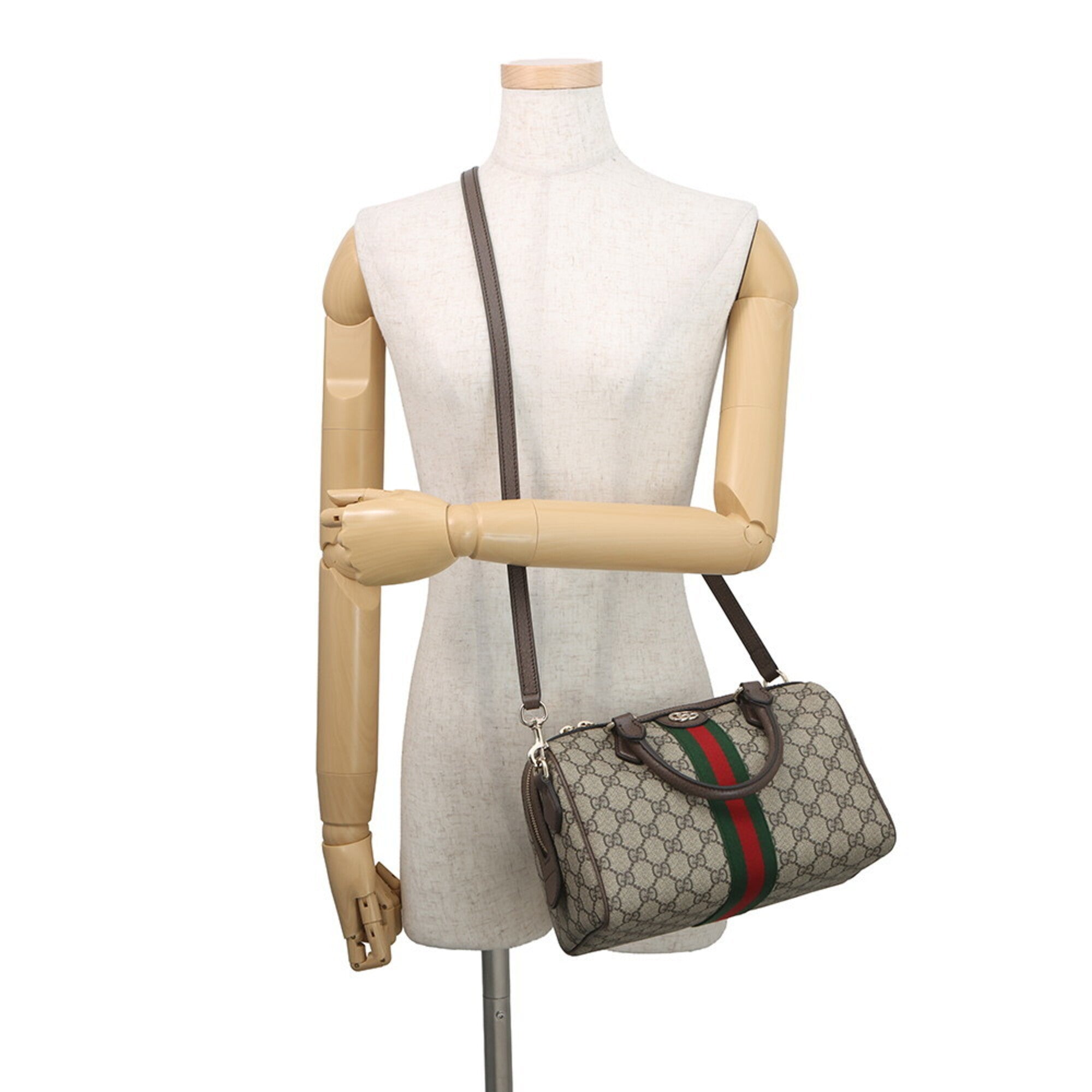 Gucci Beige Brown Green Red Color Gg Supreme Leather Boston Bag Handbag (Pre-Owned)
