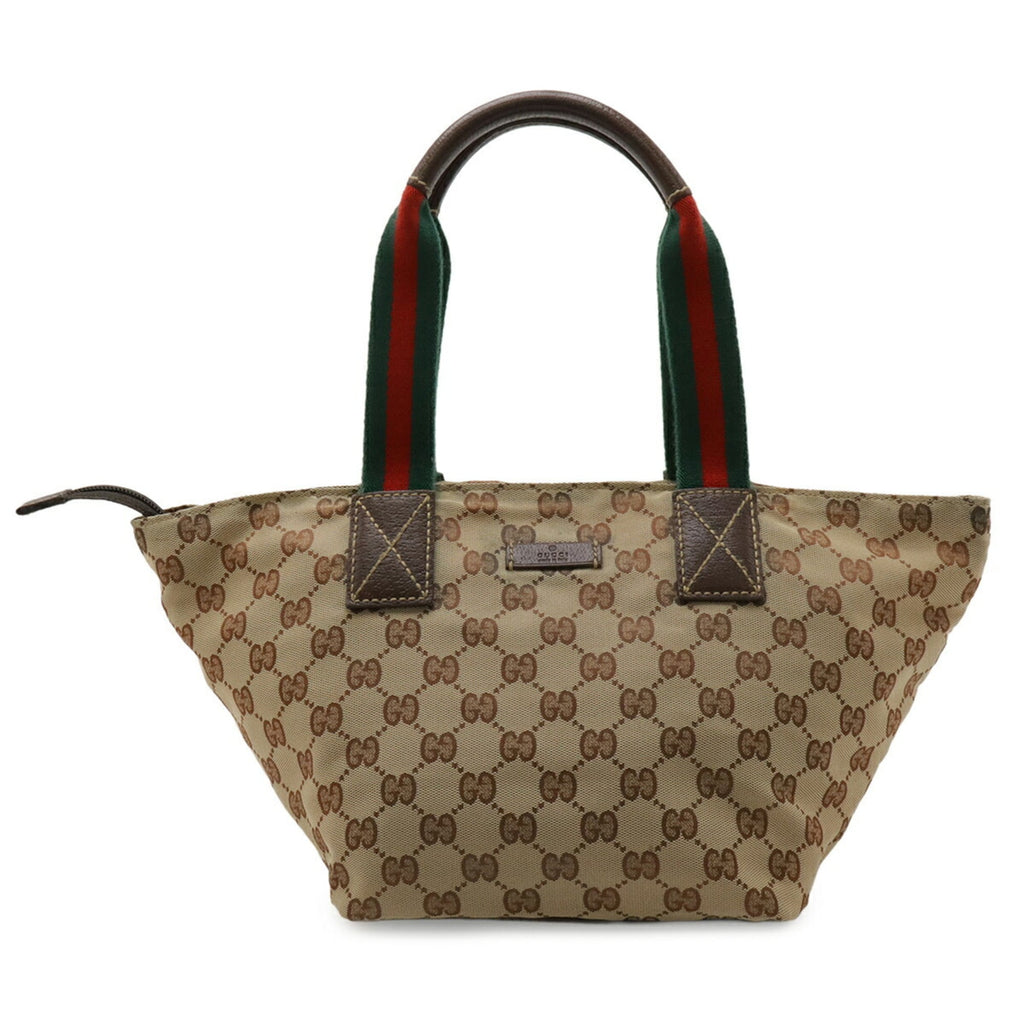 Gucci Sherry Line Beige Dark Brown Green Red Color Nylon Canvas Leather Shoulder Bag Tote Bag (Pre-Owned)