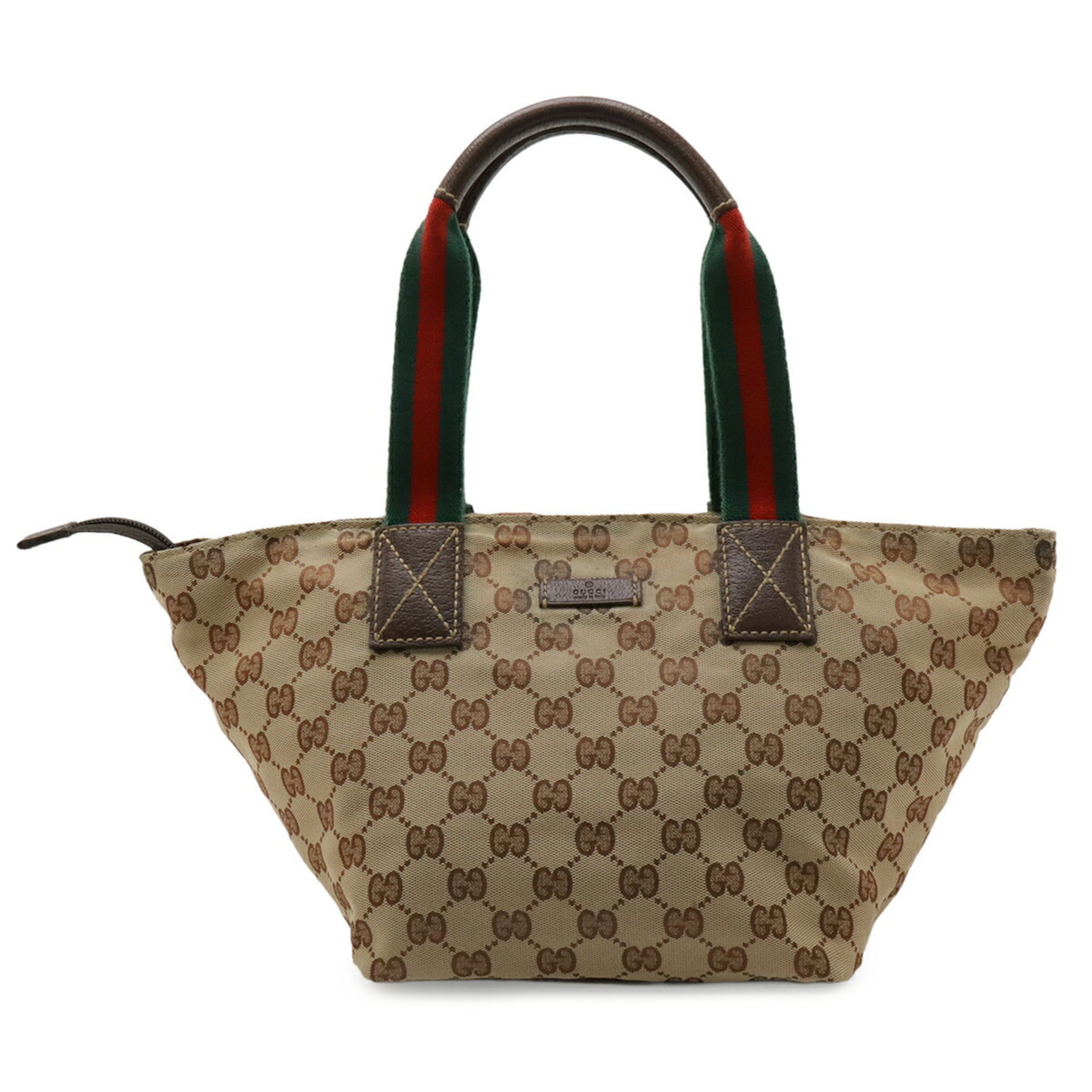 Gucci Sherry Line Beige Dark Brown Green Red Color Nylon Canvas Leather Shoulder Bag Tote Bag (Pre-Owned)