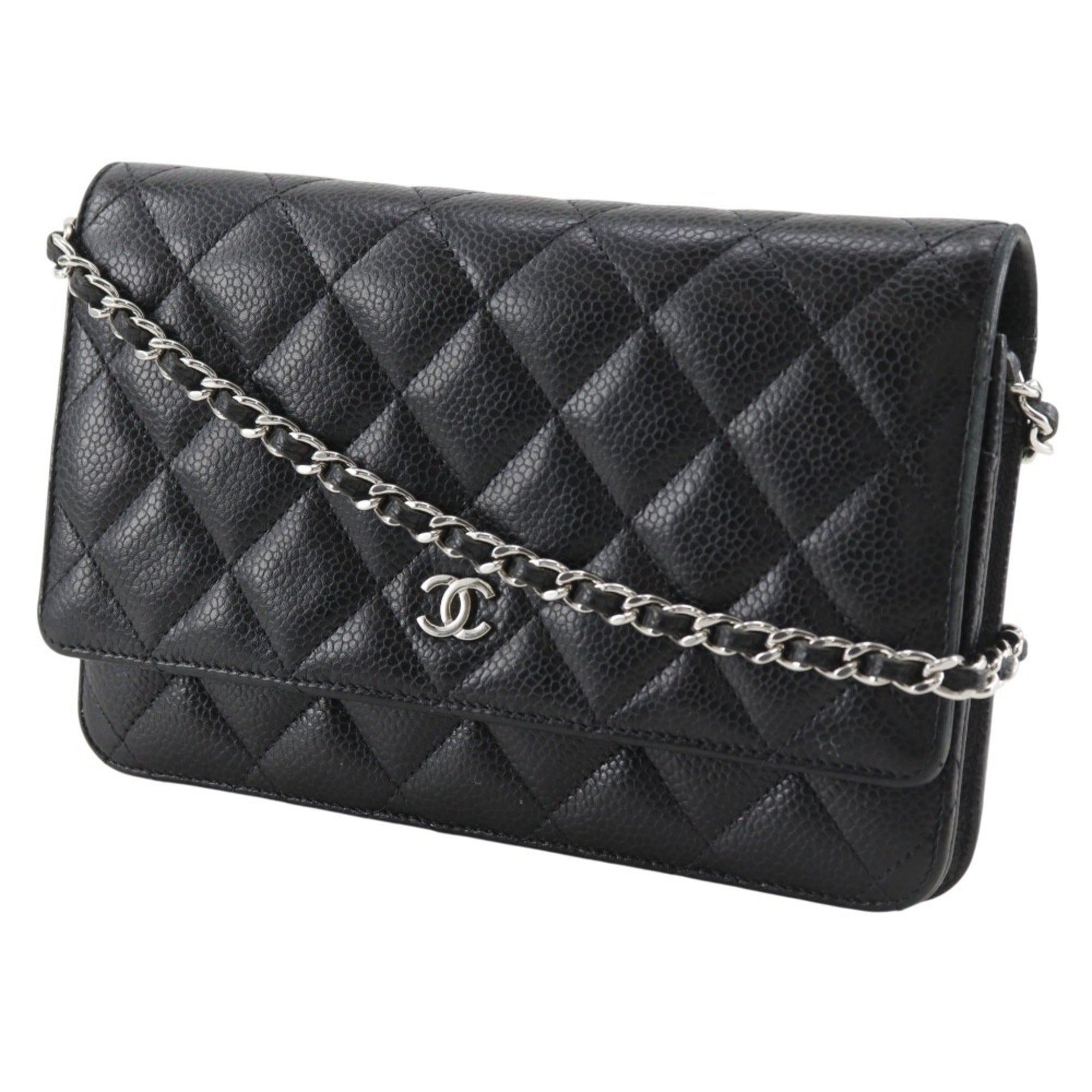 Chanel Black Grained Calfskin Chain/Shoulder Wallet