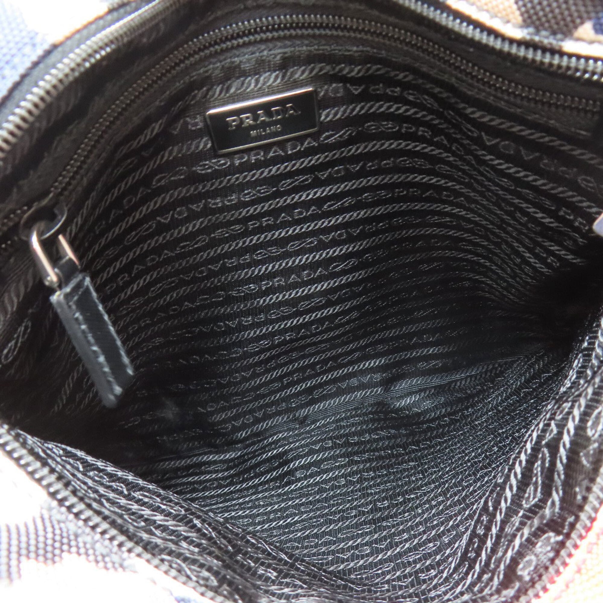 Prada Beige Navy Red Color Canvas Shoulder Bag