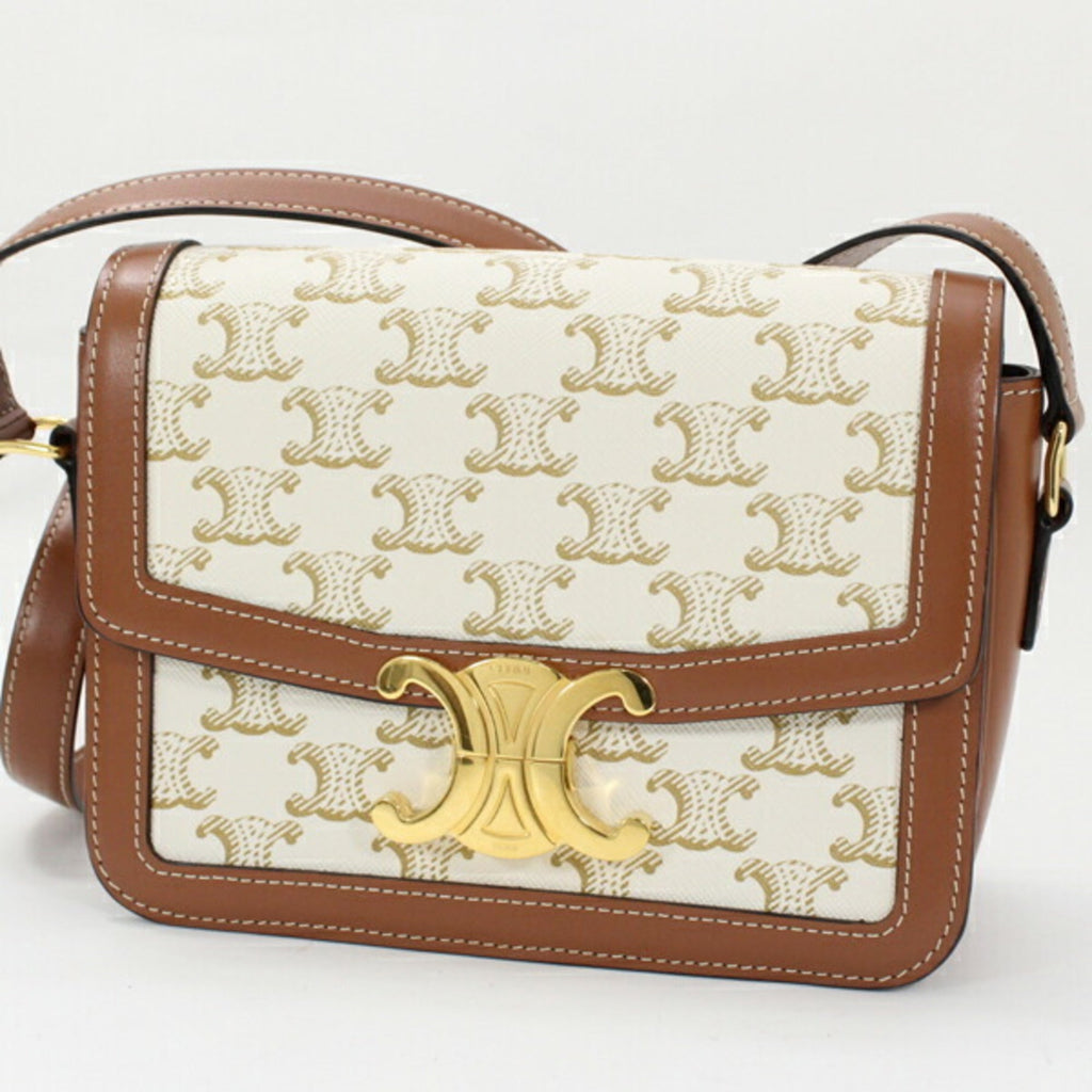 Celine Brown White Canvas Leather Shoulder Bag