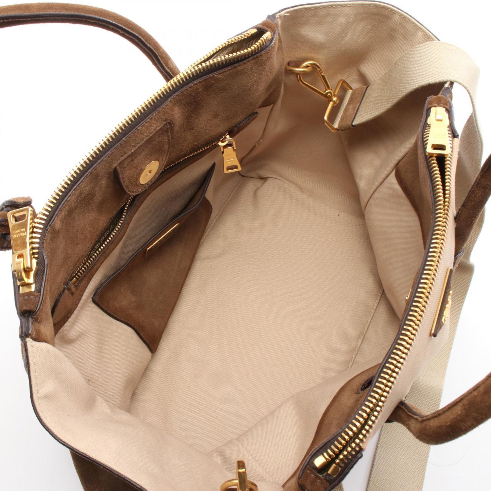 Prada Beige Brown Canvas Suede Handbag