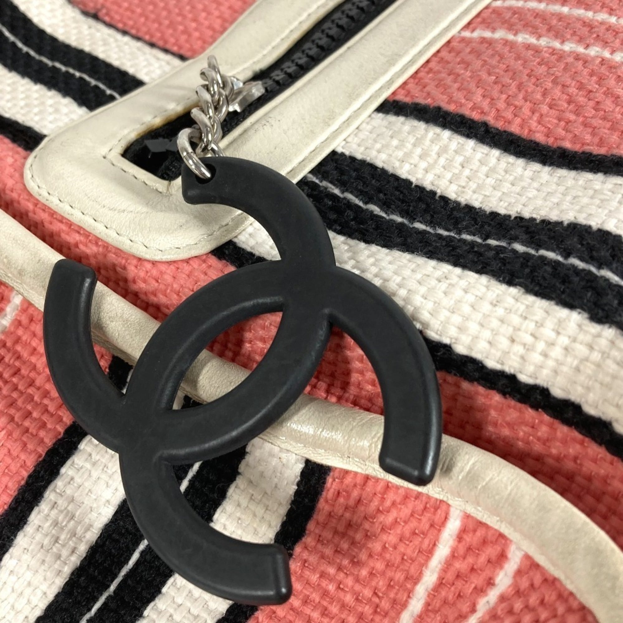 Chanel Black Pink White Canvas Leather Shoulder Bag Tote Bag
