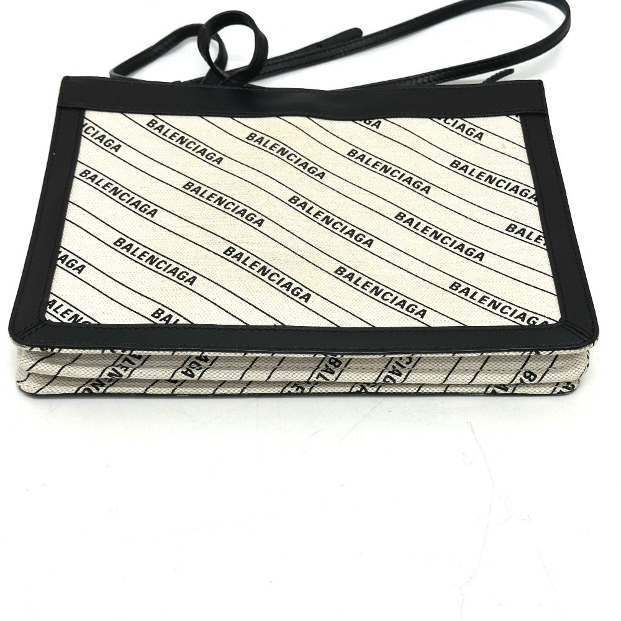 Balenciaga Black White Leather Canvas Pochette Shoulder