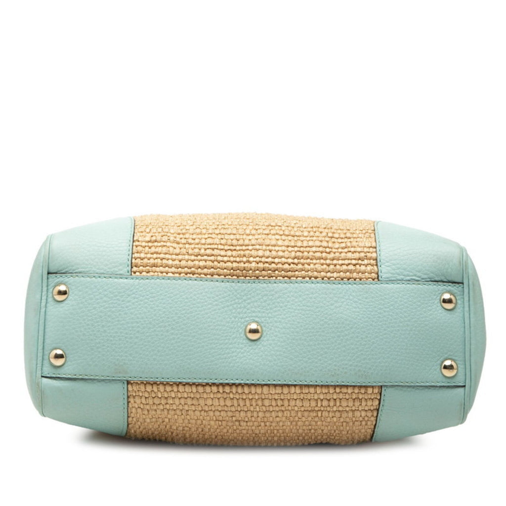 Gucci Beige Green Straw Leather Handbag Shoulder Bag (Pre-Owned)