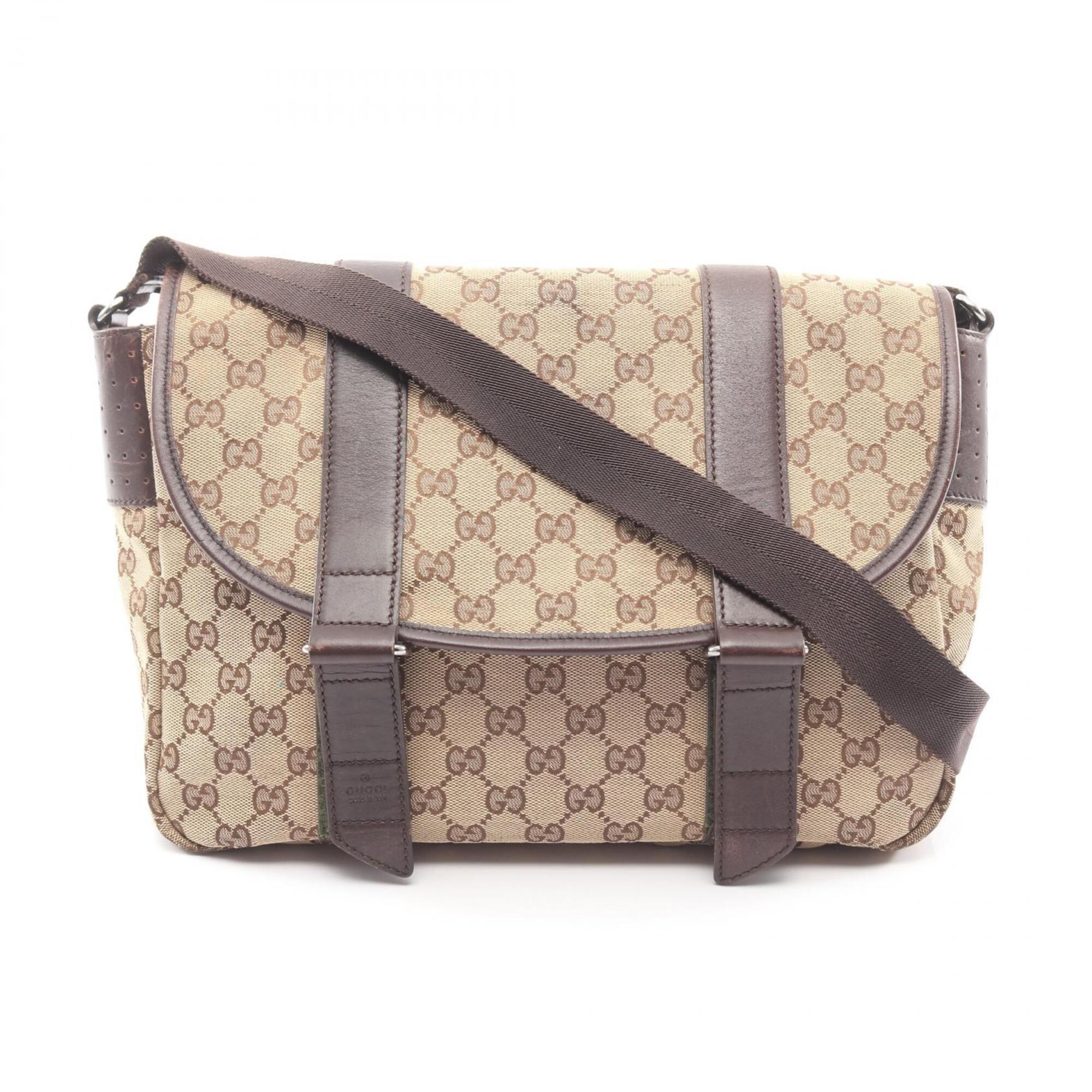 Gucci Beige Brown Gg Canvas Leather Shoulder Bag (Pre-Owned)
